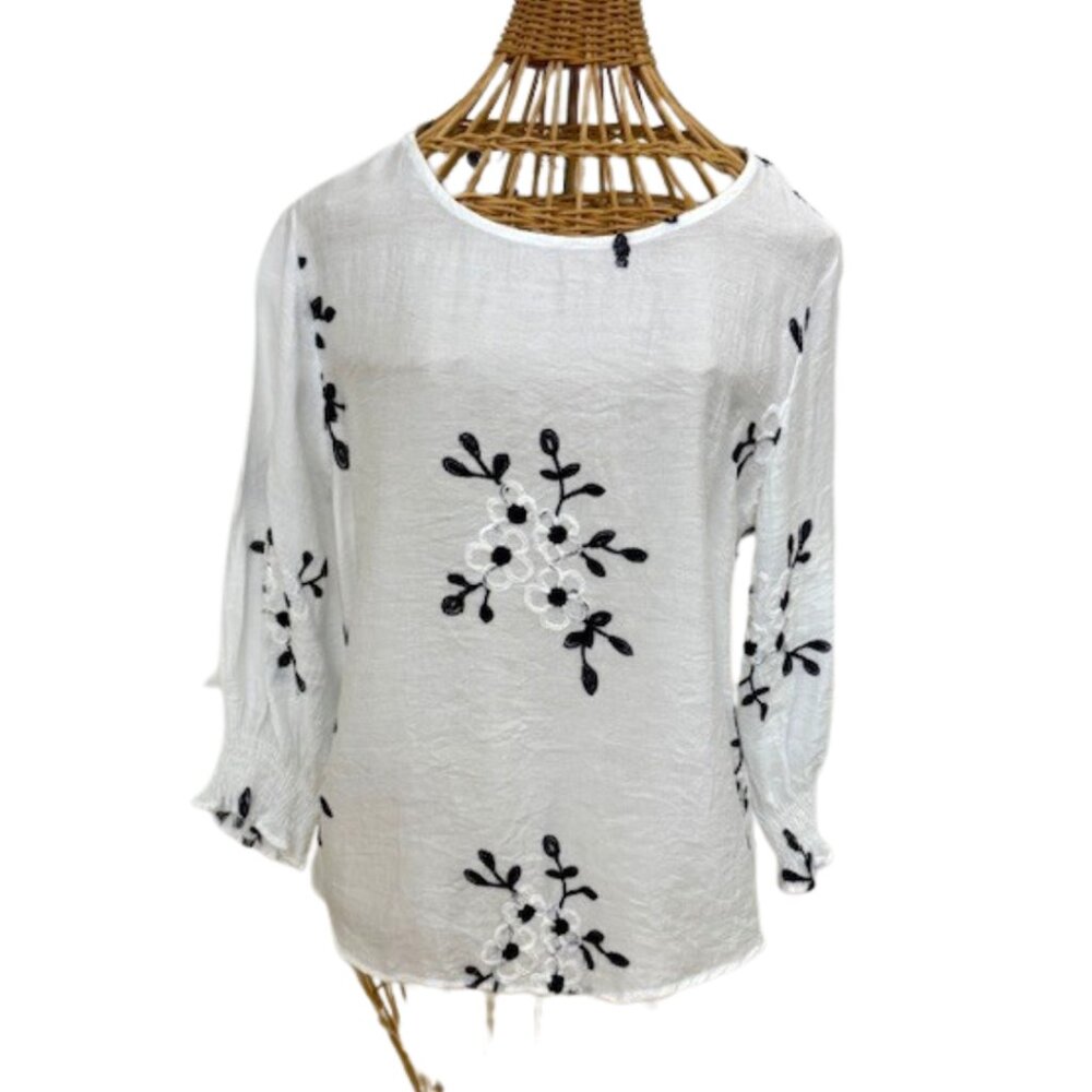 Sapphire white and black peasant/boho embroidered three quarter length sleeve to